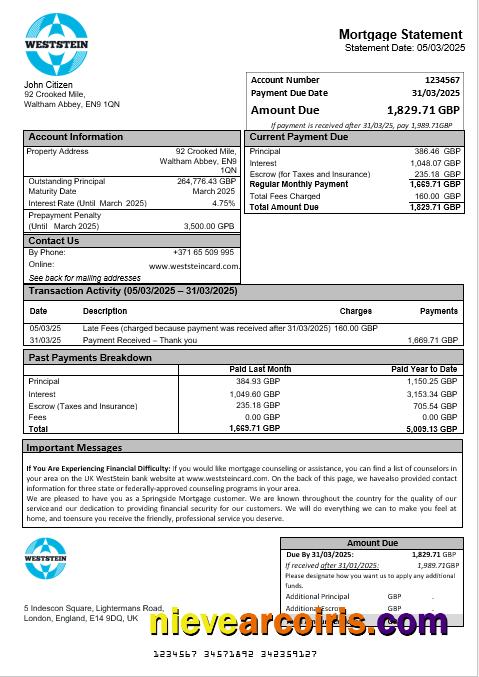 United Kingdom WestStein Bank mortgage statement